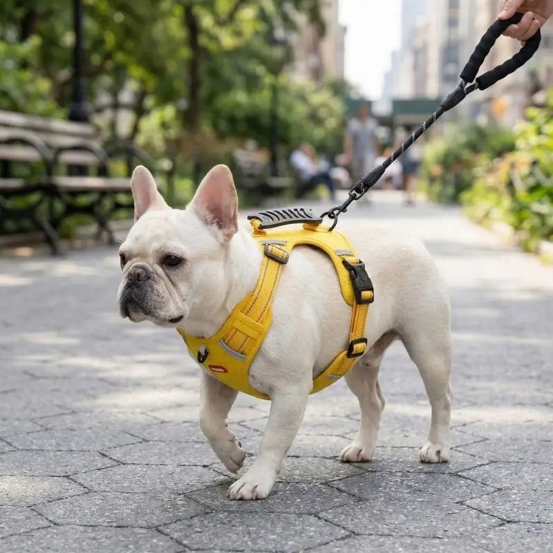 Cream French Bulldog walking in the park wearing a yellow no-pull harness with reflective strips, showing the secure fit and leash connection.