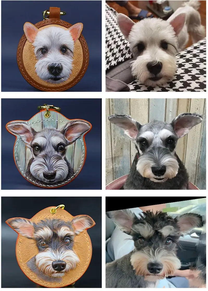 Custom handmade leather portrait keychain for Miniature Schnauzer, side-by-side comparison of original dog photo and finished carved leather pet keyring personalized dog gift