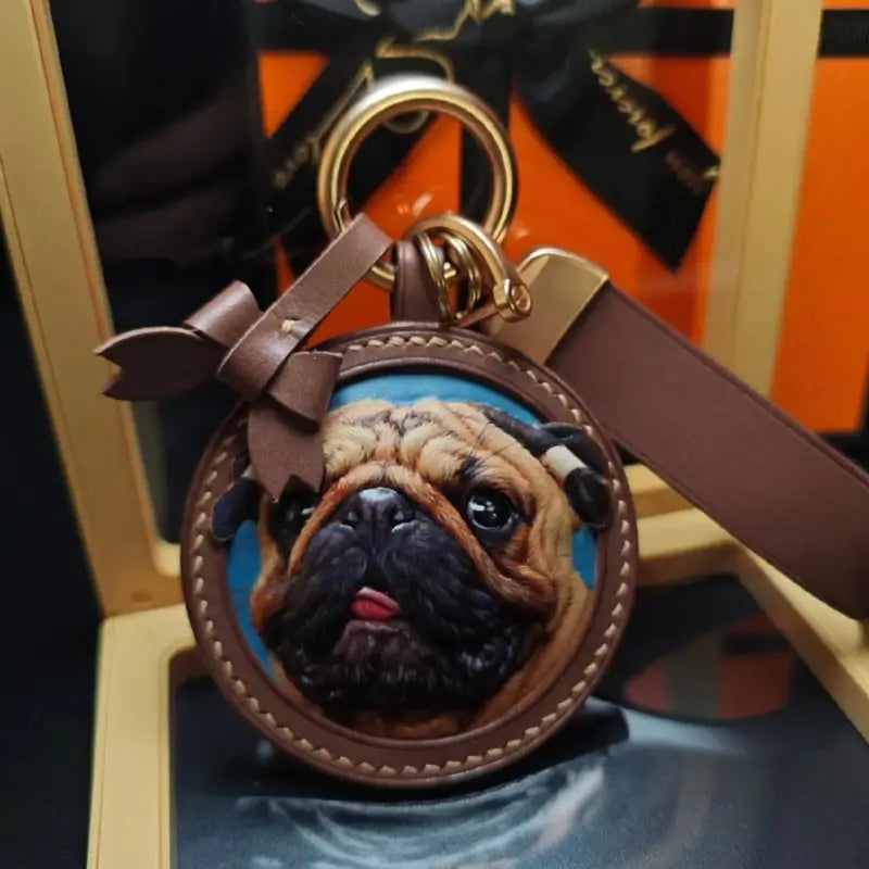 Hand carved leather portrait keychain for pug dog, personalized custom pet keepsake gift packaged with gift box