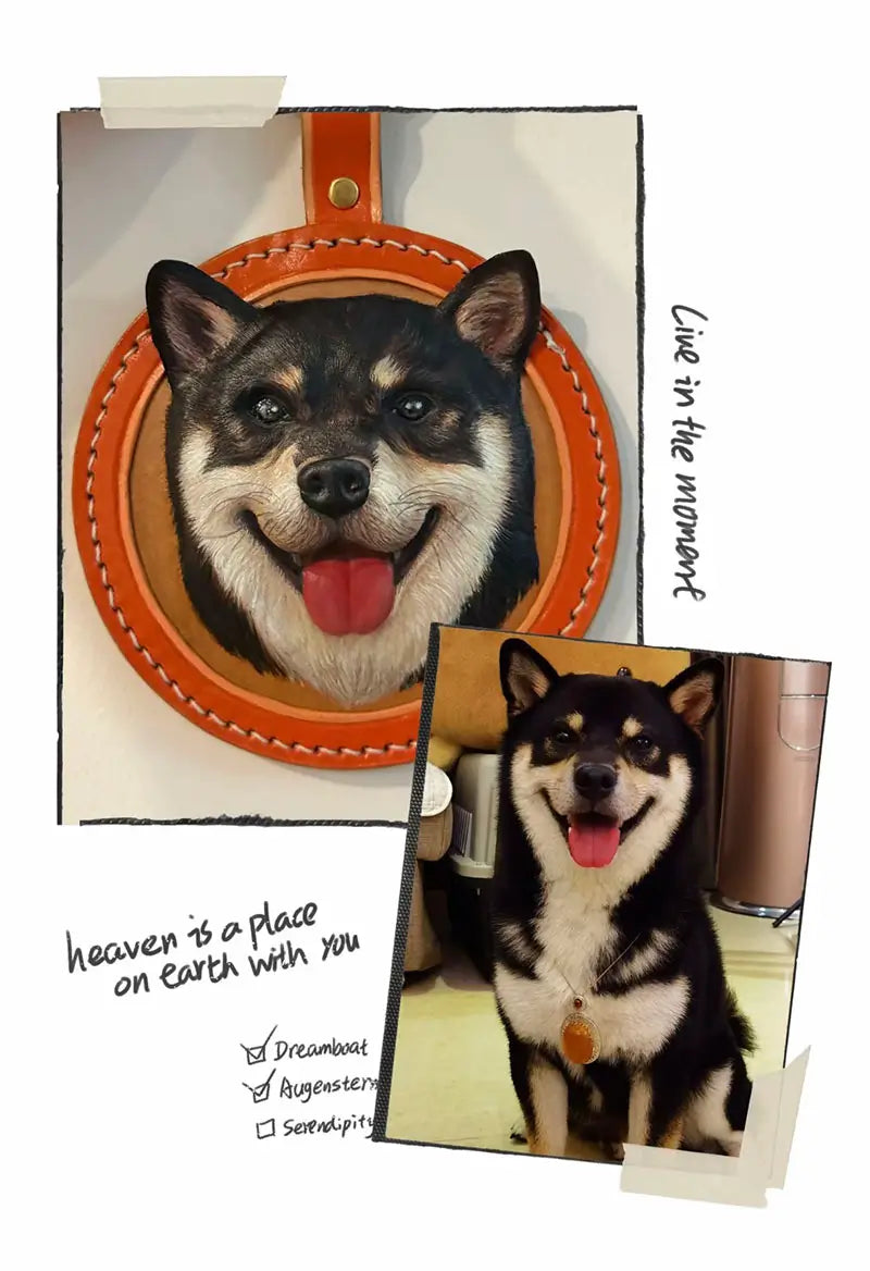 Custom leather shiba inu portrait keychain compared with original dog photo, personalized pet keepsake memorial gift
