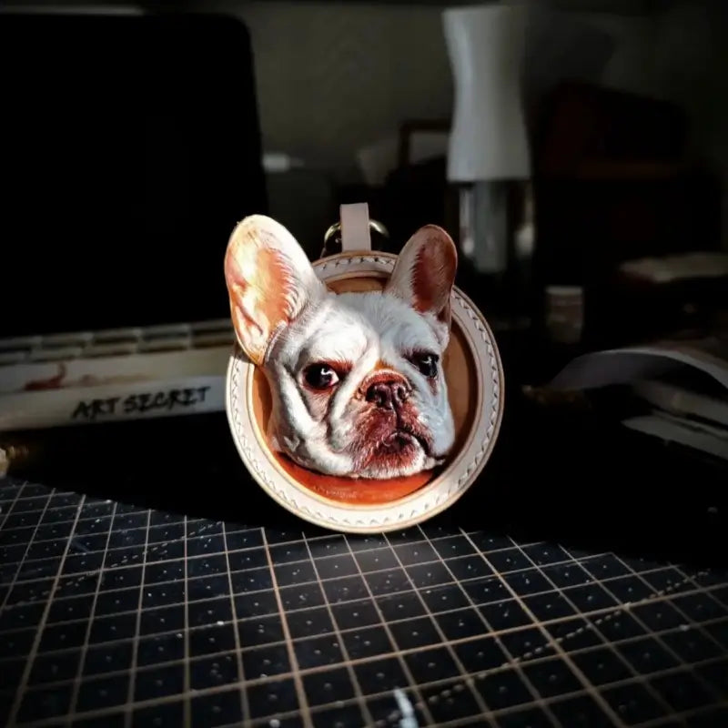 Custom handmade leather portrait keychain for white French Bulldog, personalized pet memorial dog tag gift for frenchie owners bestseller