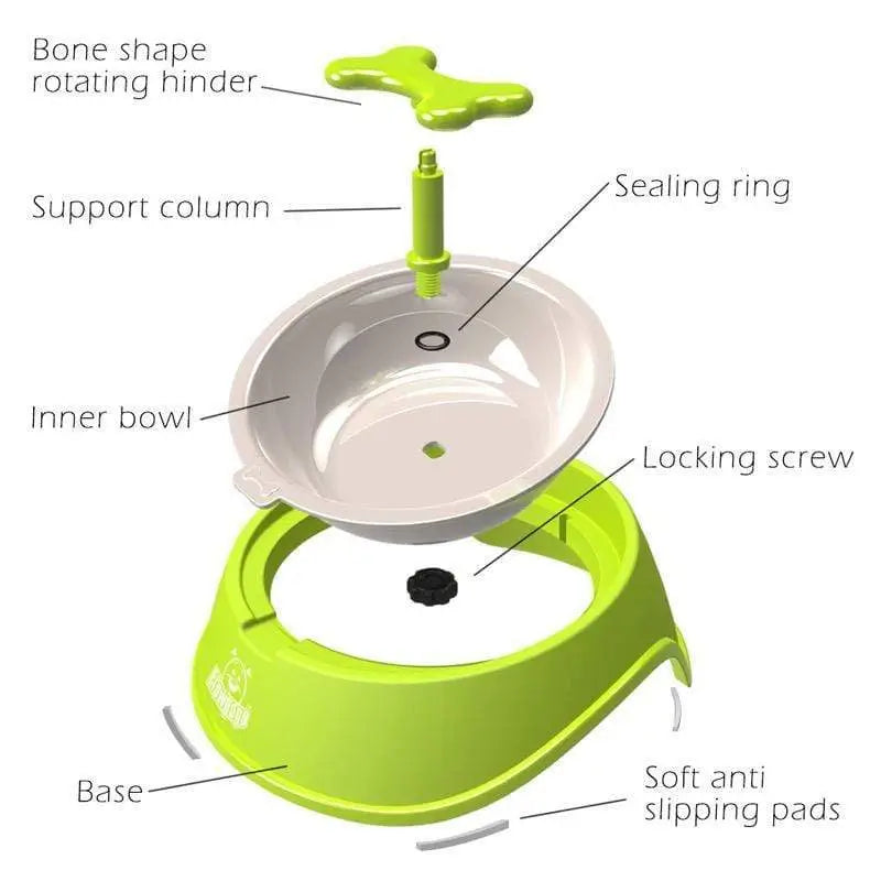 Exploded component view of rotating bone slow feeder bowl: bone spinner, inner stainless bowl, anti-slip base, full detachable for easy deep cleaning