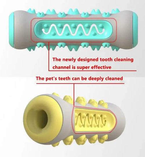 Dual-angle closeup of wavy deep cleaning channel on French Bulldog chew toothbrush toy, effectively remove plaque and leftover food from dog teeth