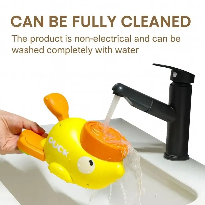 Duck-shaped dog treat dispenser toy being washed with water, fully cleanable non-electrical interactive toy for French Bulldogs