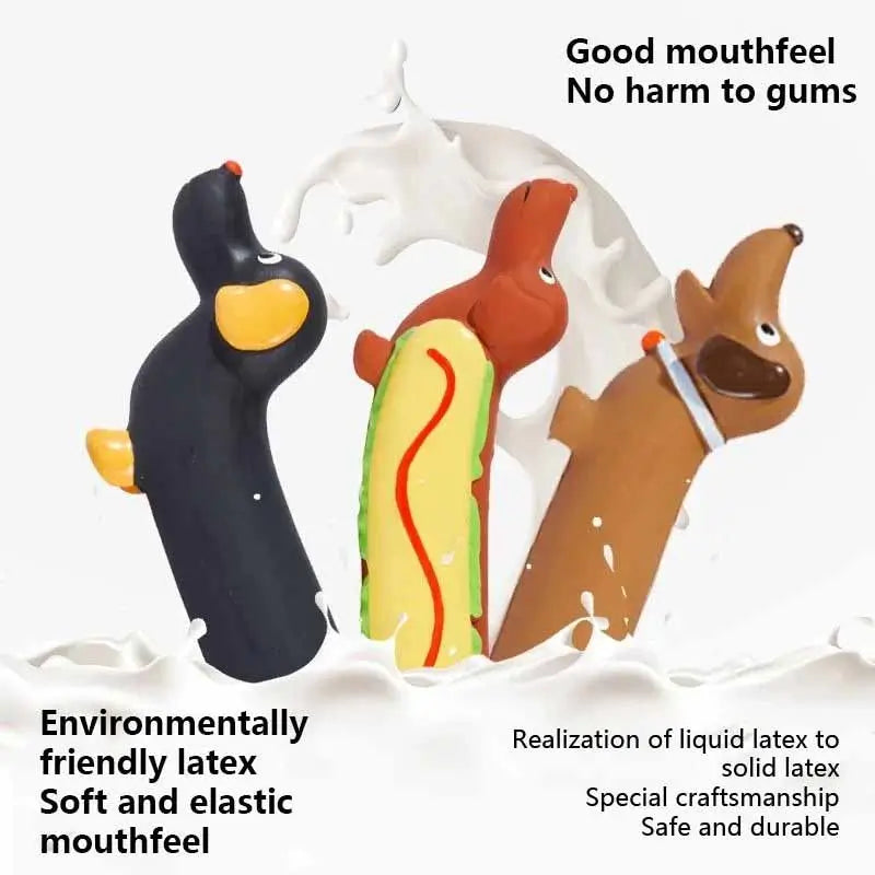 Non-toxic eco-friendly latex sausage dog squeaky toys for French Bulldogs, soft and safe for gums
