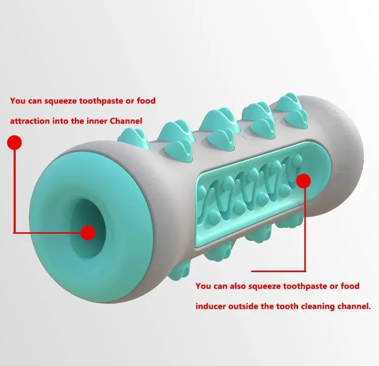 Fillable dog toothbrush chew toy with inner storage channel, can squeeze toothpaste or snack paste to attract French Bulldog for active teeth brushing