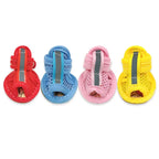 Front view of dog sandals for French Bulldogs in red, blue, pink, and yellow, highlighting breathable mesh and reflective strap details.