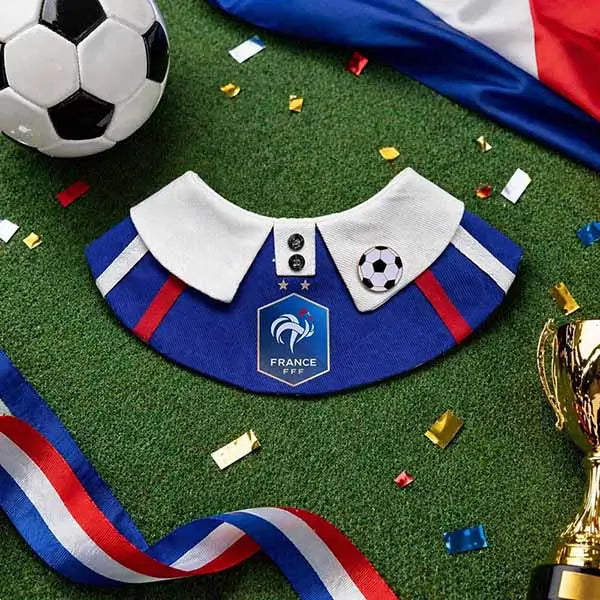 France FFF soccer dog bandana, blue pet bib with rooster crest, ideal for World Cup parties and French football fans with their dogs.