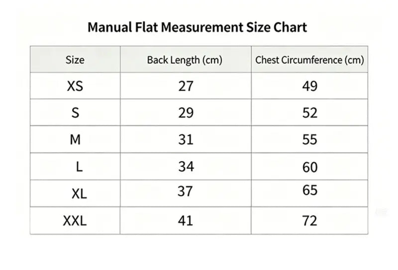 Size measurement chart for french bulldog cooling vest, including back length and chest circumference size data from XS to XXL