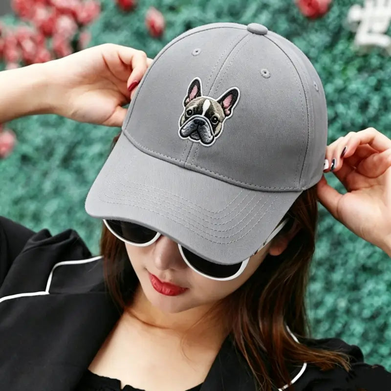 Grey French Bulldog embroidered cotton dad hat, classic Frenchie face logo baseball cap for men women pet lovers | FrenchieNest