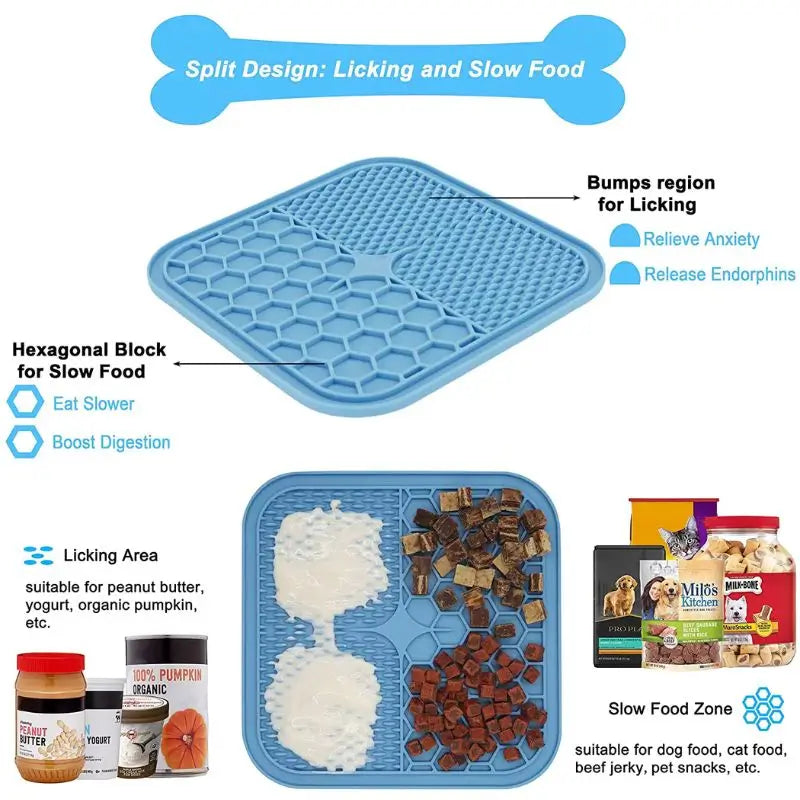  French Bulldog licking mat with split design, bumps region for anxiety relief and hexagonal slow food zone for digestion