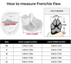 Size guide chart for French Bulldog dog sandals, showing how to measure paw length and width for sizes XS-XL.