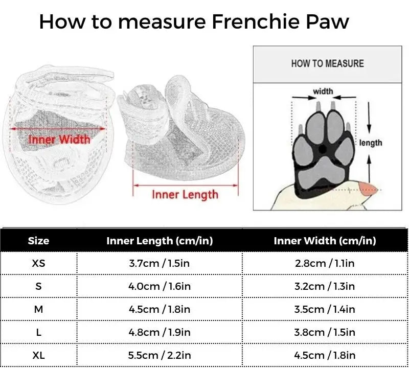 Size guide chart for French Bulldog dog sandals, showing how to measure paw length and width for sizes XS-XL.