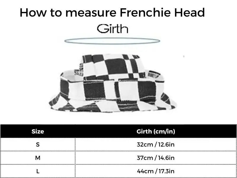 Size guide for French Bulldog pet sun hats, head girth measurement chart for S/M/L sizes