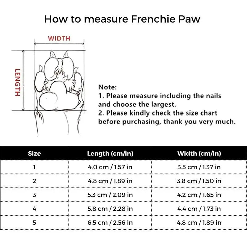 Size guide chart for French Bulldog pet sandals, showing paw length and width measurements for sizes 1-5.