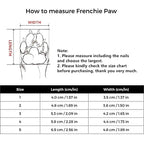 Size guide chart for French Bulldog pet sandals, showing paw length and width measurements for sizes 1-5.
