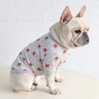 French Bulldog wearing matching red bulldog print cotton t-shirt, studio product photo