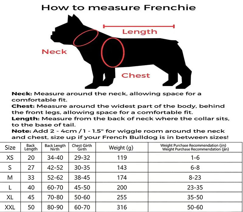 French bulldog measurement guide chart showing neck chest length size for dog shark life jacket sizing reference