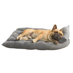 French Bulldog sleeping comfortably on a gray convertible plush dog bed, showing the soft and supportive cushion design.