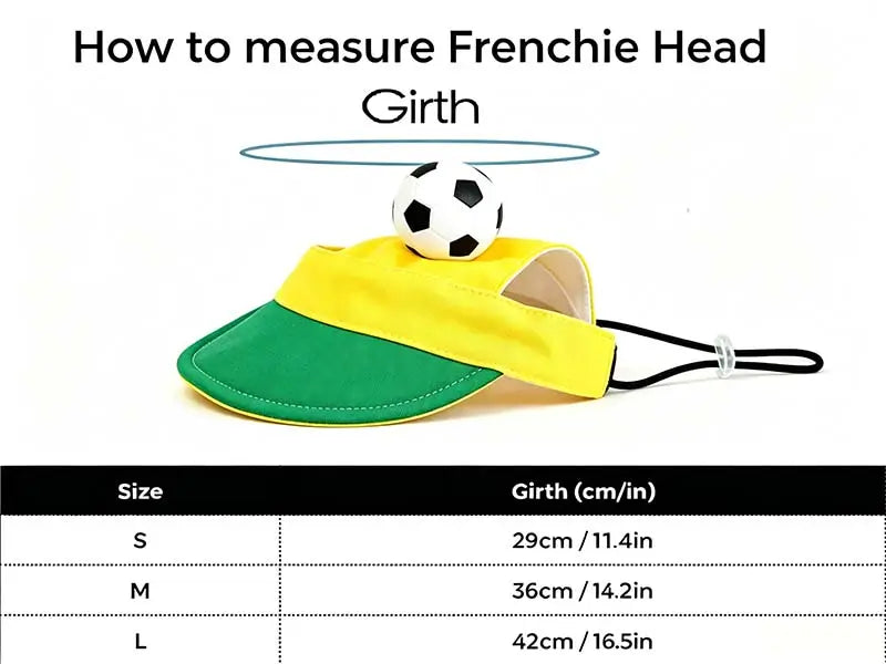 Size chart for French Bulldog soccer visor hat, showing head girth measurements in cm and inches for sizes S, M, and L.
