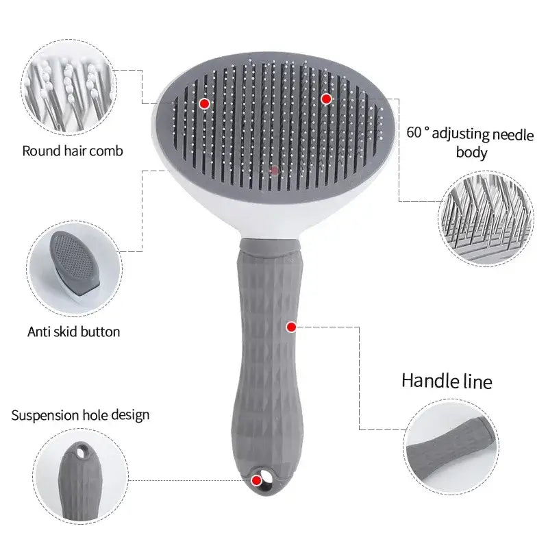 Detailed structure of French Bulldog grooming brush, anti-slip handle, one-click self-clean button & round soft pins design