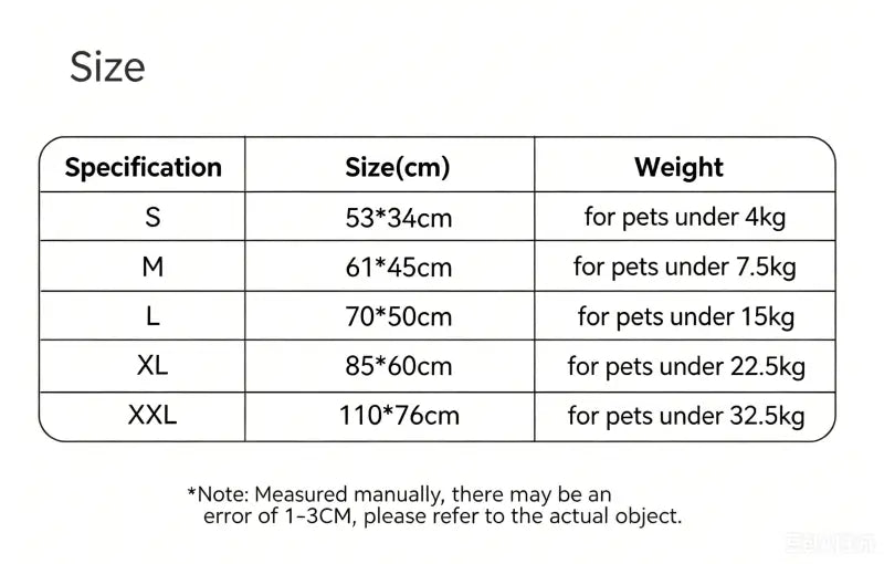 Size chart for French Bulldog cooling rattan bed, dimension and weight reference from S to XXL for small medium large frenchies