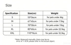 Size chart for French Bulldog cooling rattan bed, dimension and weight reference from S to XXL for small medium large frenchies