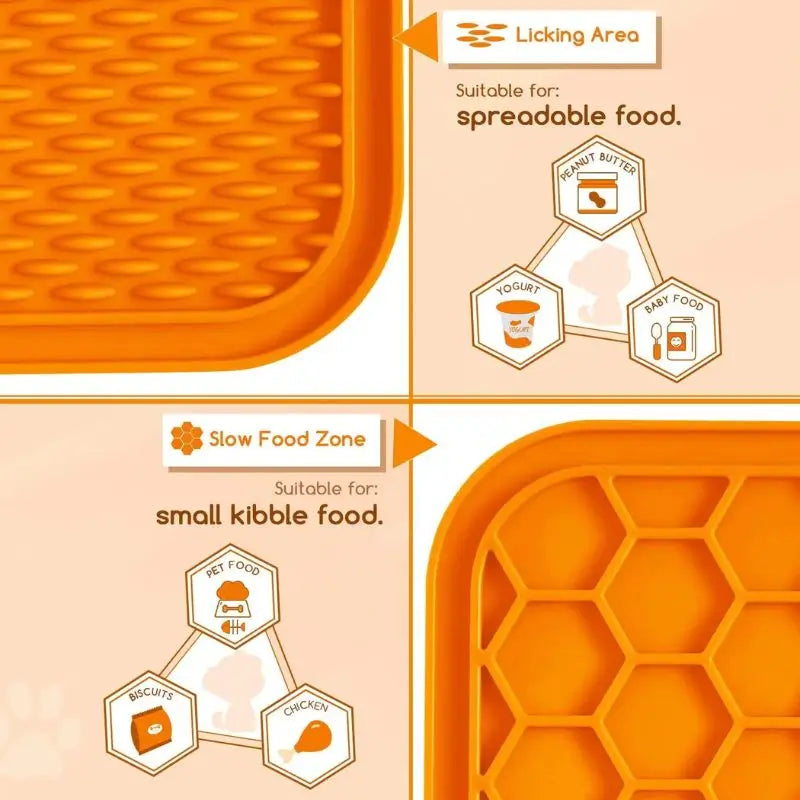 Close-up of Frenchie slow feeder licking mat showing licking area for peanut butter/yogurt and slow food zone for kibble