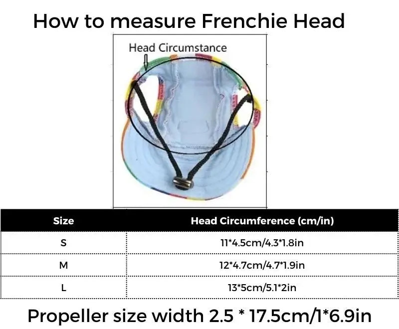 Size guide for Frenchie propeller hat, how to measure French Bulldog head circumference