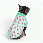 Dark gray French Bulldog sitting rear view wearing watermelon printed SPF30 UV protection dog shirt, lightweight breathable summer pet top