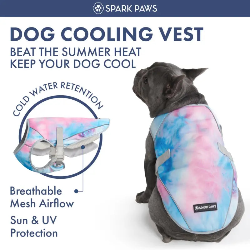Dark gray French Bulldog sitting with tie dye cooling vest, breathable mesh airflow, cold water retention & SPF sun protection dog summer jacket | Frenchie Nest