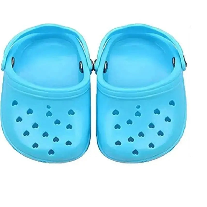 Light blue dog clogs with heart cutouts for French Bulldogs, comfortable summer pet shoes for indoor and outdoor activities.
