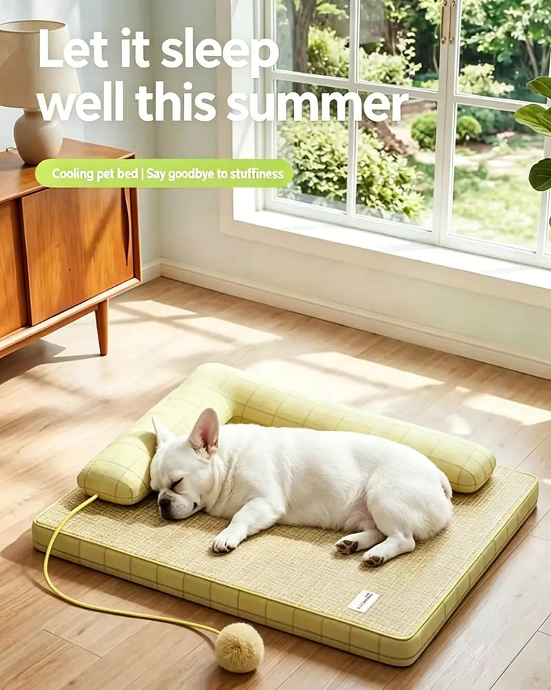 White French Bulldog sleeping on L-shaped rattan cooling dog bed with pillow, summer breathable pet mat from Frenchie Nest