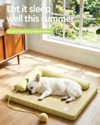 White French Bulldog sleeping on L-shaped rattan cooling dog bed with pillow, summer breathable pet mat from Frenchie Nest