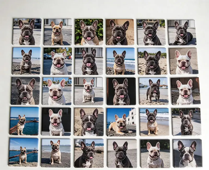 Grid layout full printed French Bulldog photo custom fridge magnet, personalized pet portrait square refrigerator magnet for Frenchie home keepsake decor