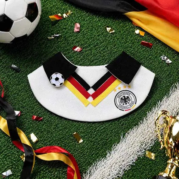Germany national team dog bandana, white pet bib with eagle crest, perfect for football fans and showing support for Die Mannschaft.
