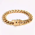 Close-up view of heavy-duty safety lock clasp on gold Cuban link dog collar, secure stainless steel buckle for strong pullers