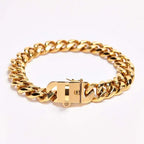 Close-up view of heavy-duty safety lock clasp on gold Cuban link dog collar, secure stainless steel buckle for strong pullers