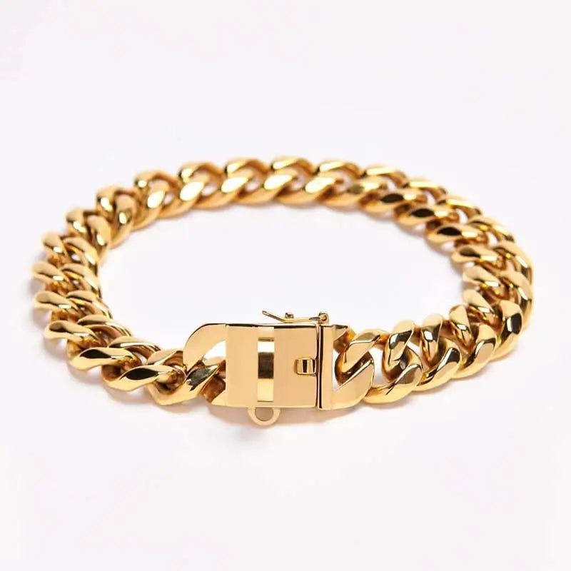 Close-up view of heavy-duty safety lock clasp on gold Cuban link dog collar, secure stainless steel buckle for strong pullers