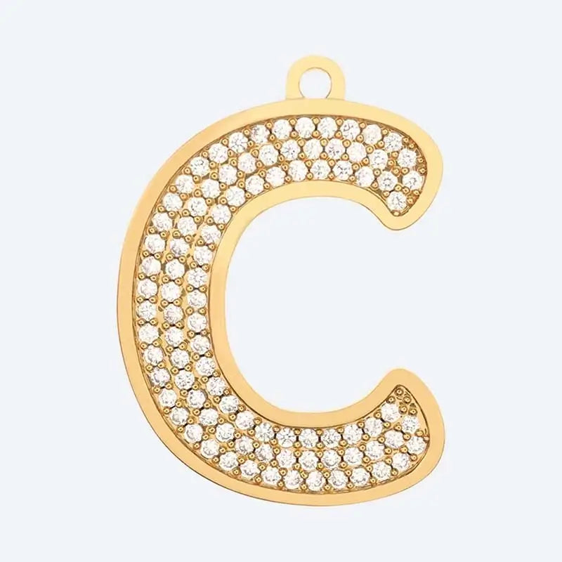Gold letter C charm pendant with cubic zirconia stones, personalized initial jewelry