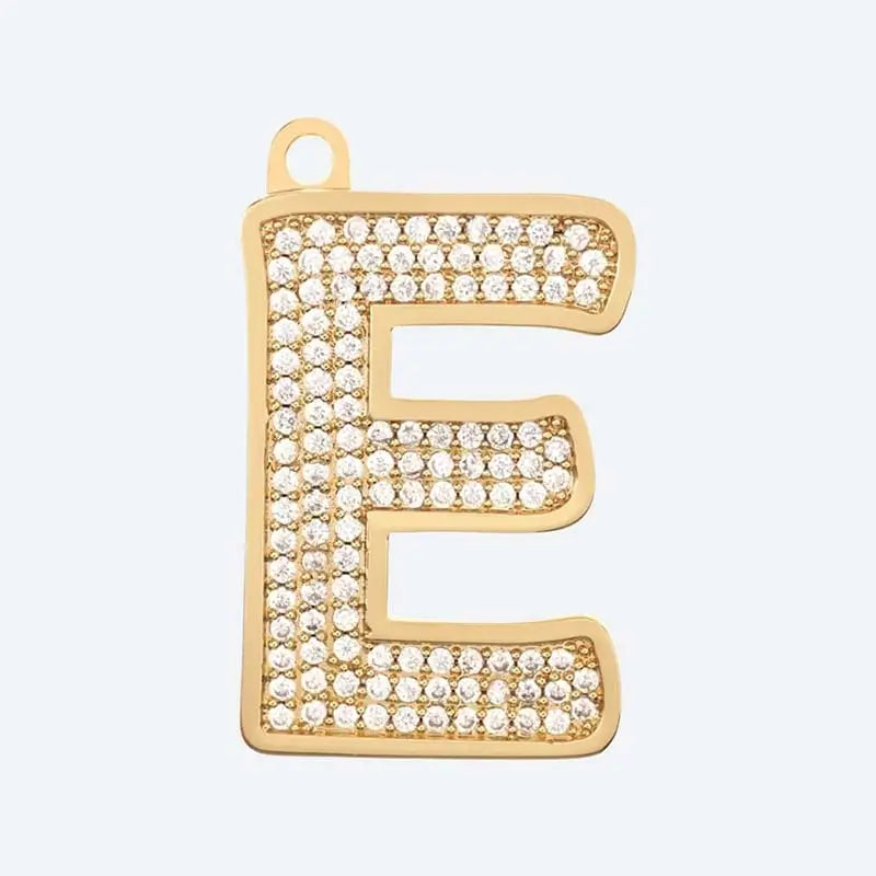 Gold letter E charm pendant with cubic zirconia stones, personalized initial jewelry