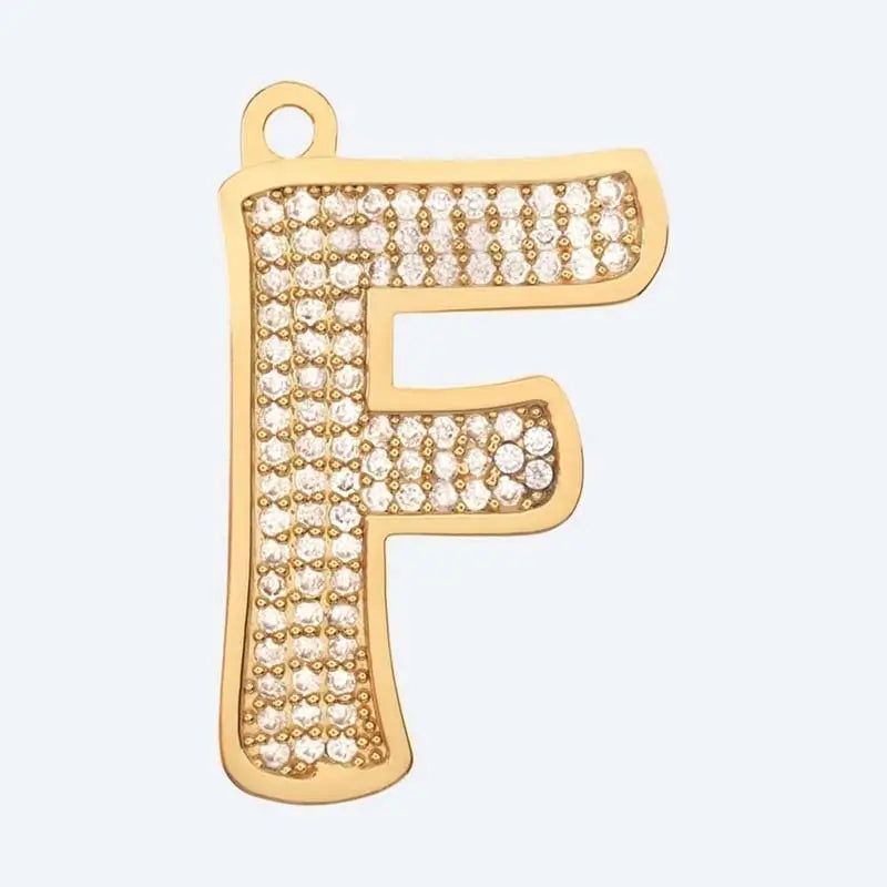 Gold letter F charm pendant with cubic zirconia stones, personalized initial jewelry