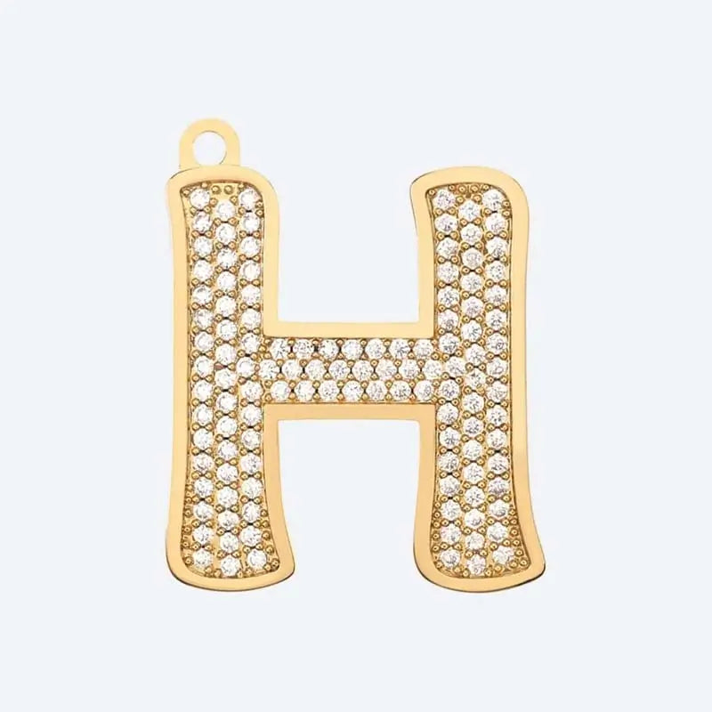 Gold letter H charm pendant with cubic zirconia stones, personalized initial jewelry