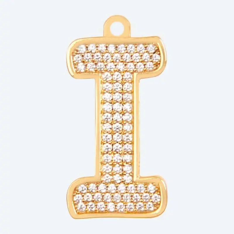 Gold letter I charm pendant with cubic zirconia stones, personalized initial jewelry