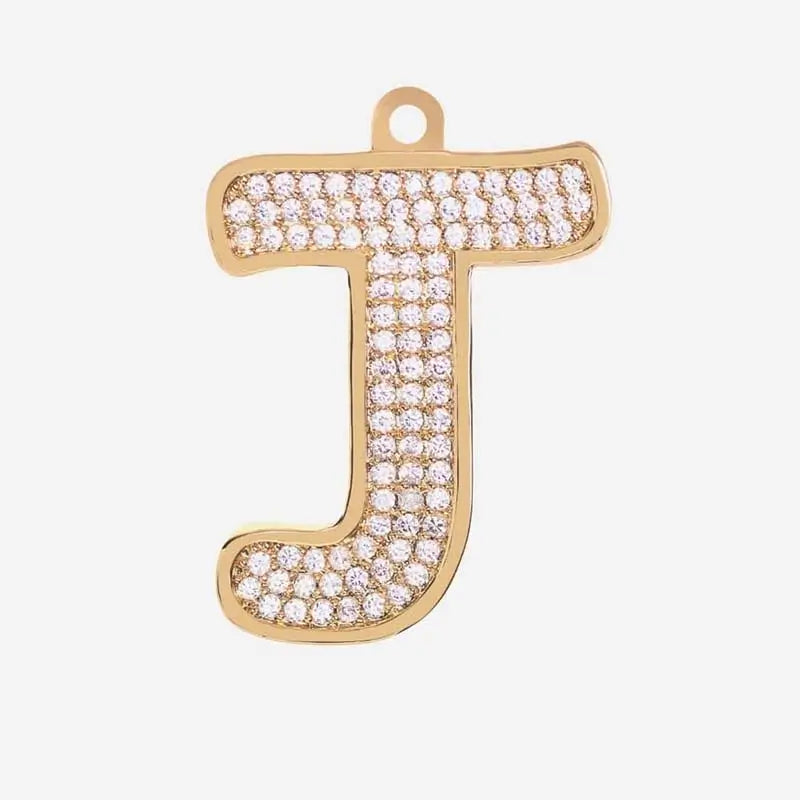 Gold letter J charm pendant with cubic zirconia stones, personalized initial jewelry