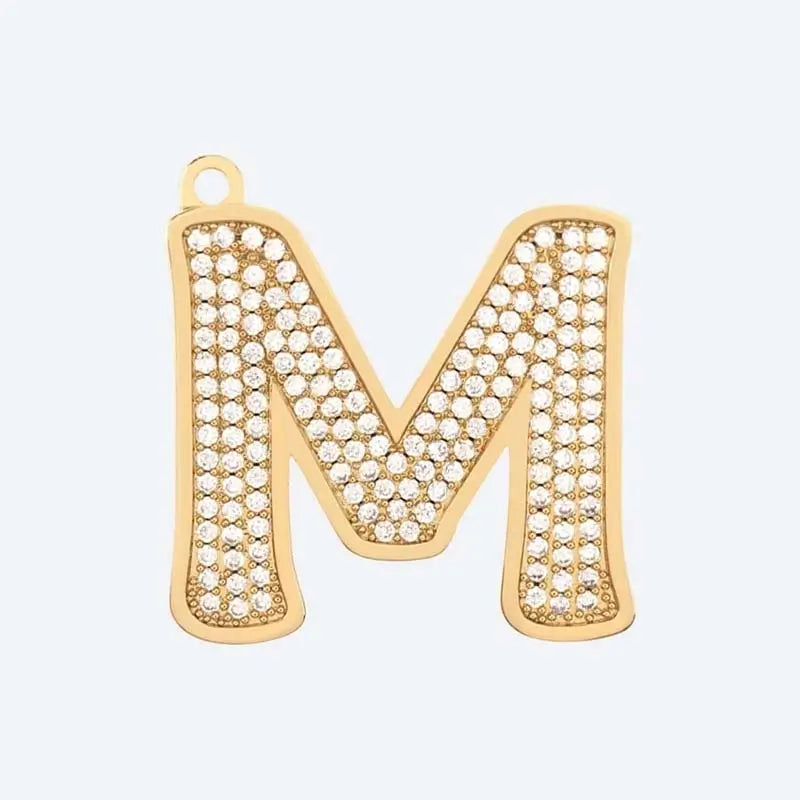 Gold letter M charm pendant with cubic zirconia stones, personalized initial jewelry