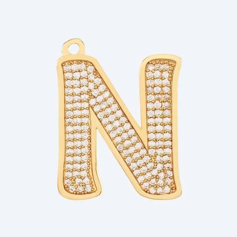 Gold letter N charm pendant with cubic zirconia stones, personalized initial jewelry