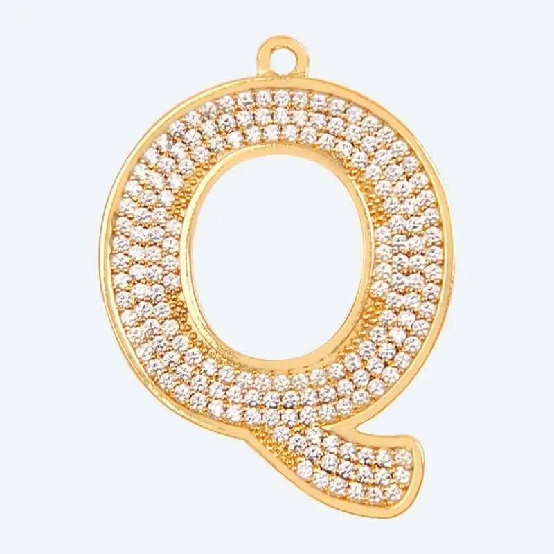 Gold letter Q charm pendant with cubic zirconia stones, personalized initial jewelry