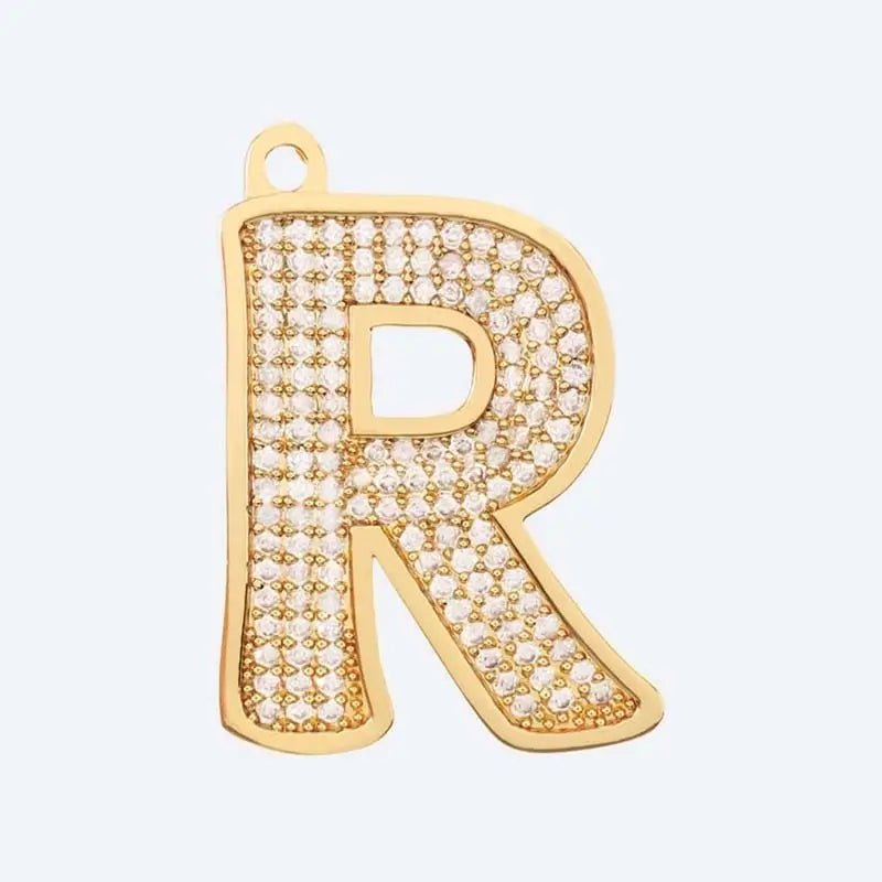 Gold letter R charm pendant with cubic zirconia stones, personalized initial jewelry
