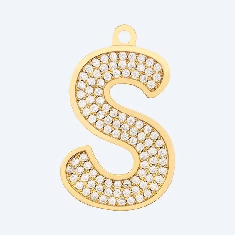 Gold letter S charm pendant with cubic zirconia stones, personalized initial jewelry